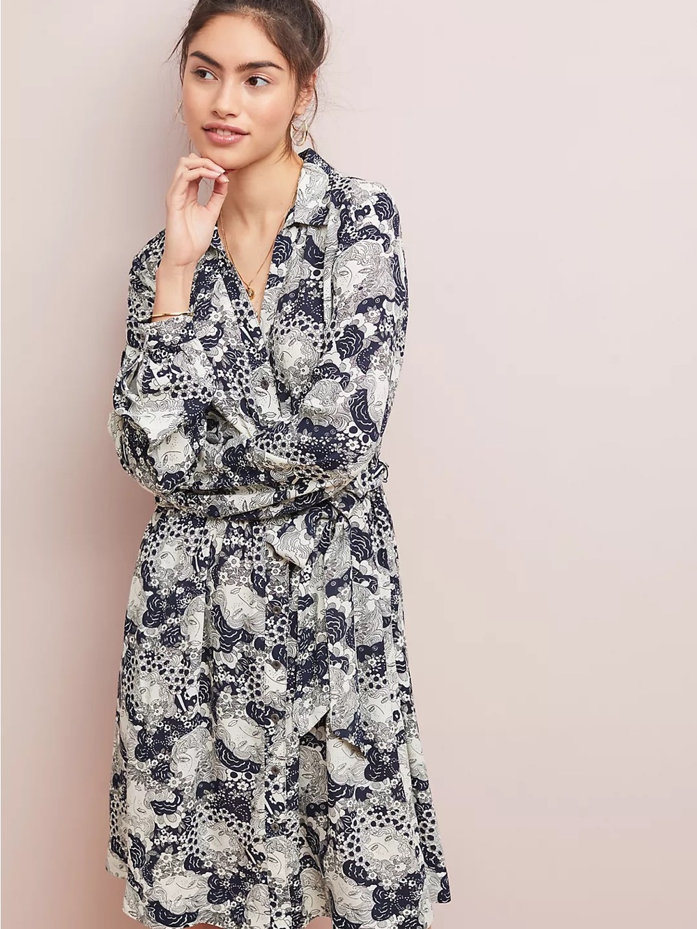 Anthropologie Viscose Navy & White Floral Faces button up Dress